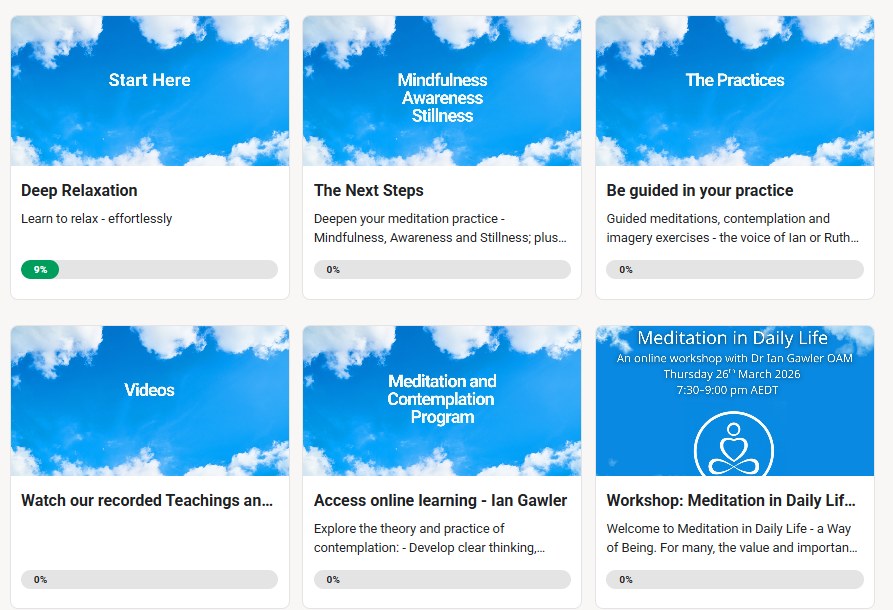 Self-paced course library including Deep Relaxation, The Next Steps, guided practices and recorded teachings